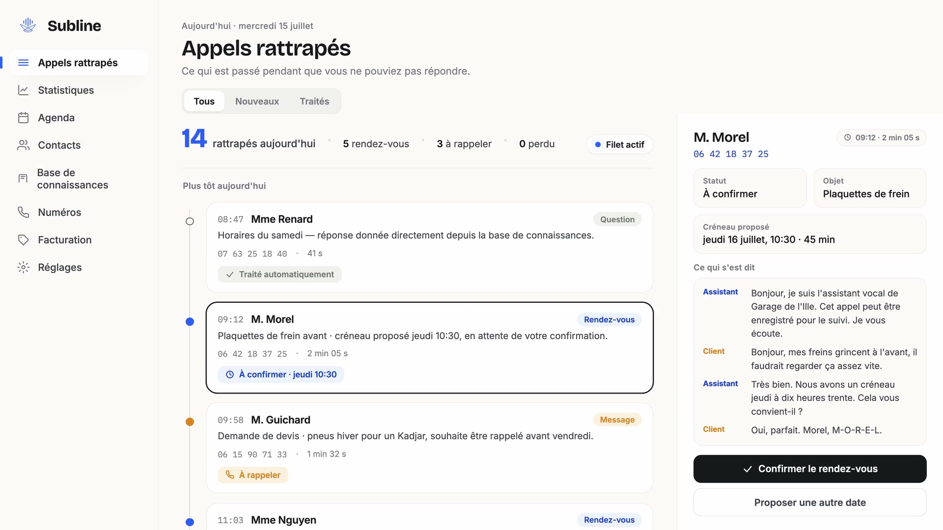 Le tableau de bord Subline : la liste des appels rattrapés de la journée, et le détail d'un appel avec sa transcription.